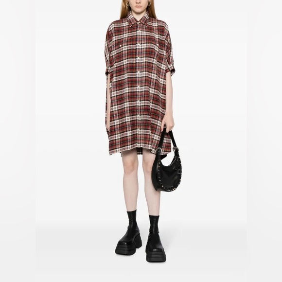 R13Check Pattern Cotton Button Down Midi Dress XS